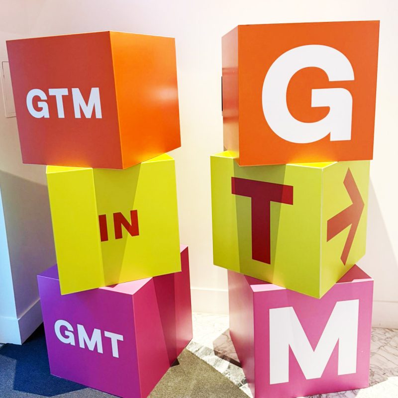 Giant bright graphic prop boxes installation at Town Hall London