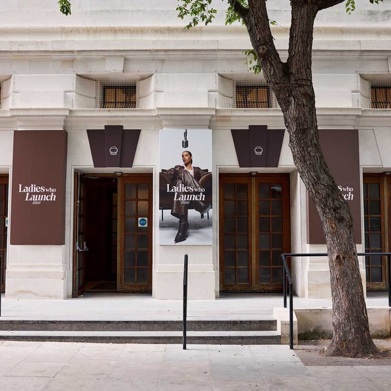 Town Hall London Ladies who launch external event graphics brick vinyl and column wraps